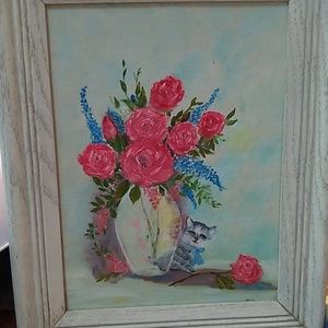 Sweetest hand painted kitty painting w/ frame